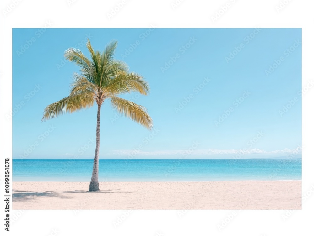 Fototapeta premium a serene beach scene with a palm tree and clear blue skies