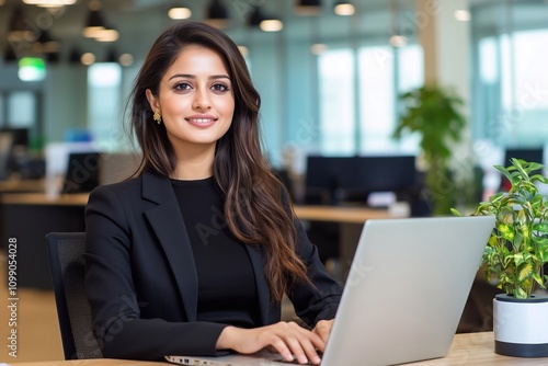 Smiling professional IT specialist business lady working on laptop pc sitting in modern office. Young middle eastern indian woman using computer technology for work.