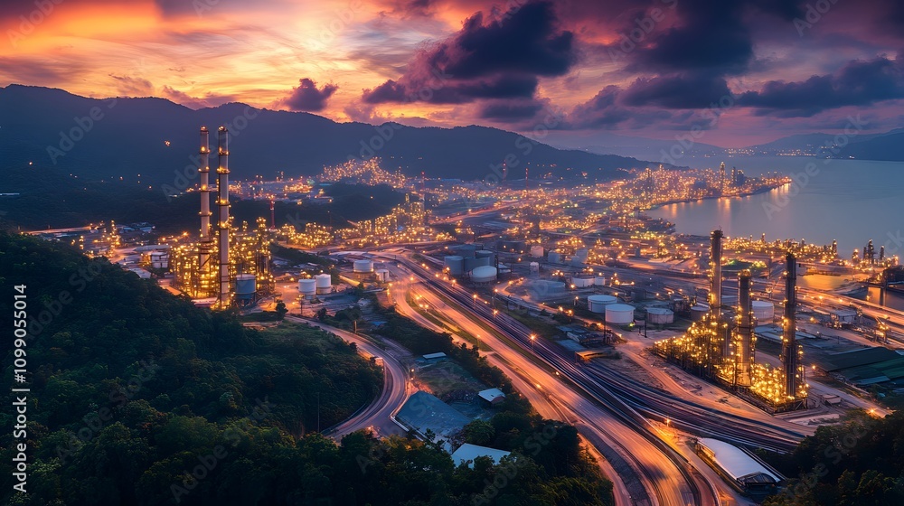 Fototapeta premium Aerial view of an industrial complex at dusk with glowing lights and vibrant skies.