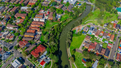 Panorama aerial drone view of western Sydney Suburbs of Canterbury Burwood Ashfield Marrickville Campsie with Houses roads and parks in Sydney New South Wales NSW Australia photo