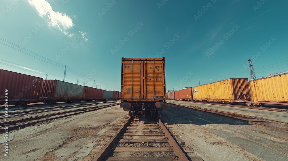 Obraz premium Single Orange Container Cargo Train On Railway Tracks