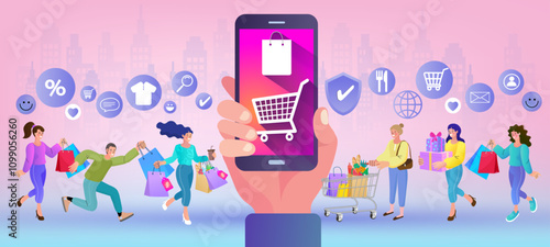 Vector illustration depicting people using online shopping services via a large smartphone. Represents smartphone marketing, e-commerce, and digital retail experiences.