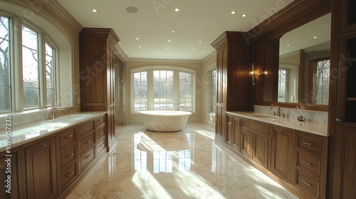 Elegant and Spacious Luxury Bathroom with Light Marble Floors, Rich Wooden Cabinets, and a Freestanding Bathtub Surrounded by Large Windows for Natural Light photo