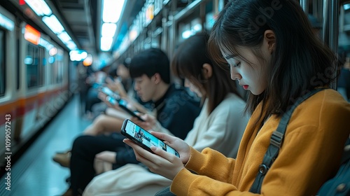 Young Woman Uses Smartphone on Public Transportation photo