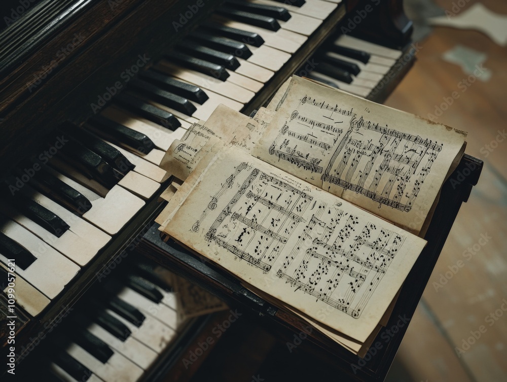 Fototapeta premium sheet music on a vintage piano highlighting the beauty of musical composition