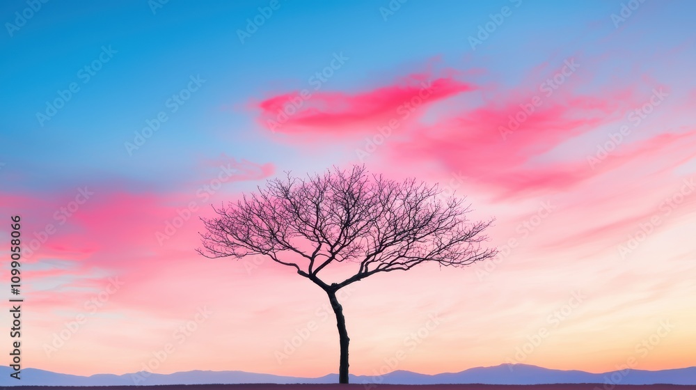 Fototapeta premium A lone tree silhouetted against a vibrant sunset sky, its branches reaching towards the colorful clouds, evoking a sense of solitude and contemplation.
