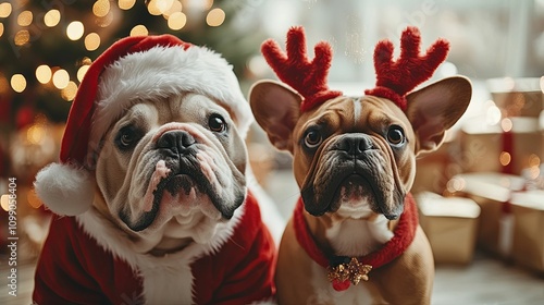 Two Dogs Dressed In Festive Christmas Outfits photo