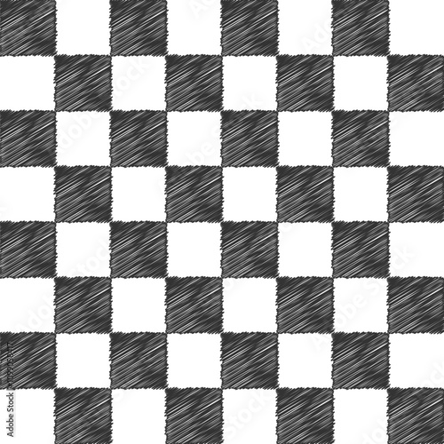 Vector illustration of a scribble-style chess checkerboard, offering a unique hand-drawn effect. Ideal for creative designs games and abstract art projects. Seamless chessboard pattern design.