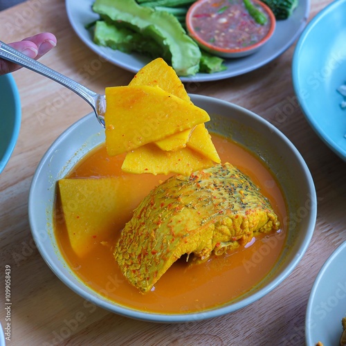 Vibrant Dish of Fish and Pumpkin in Yellow Sauce photo