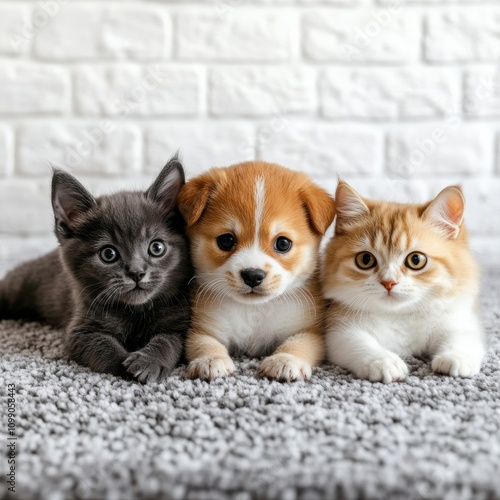 Three cute kittens playing on the carpet photo