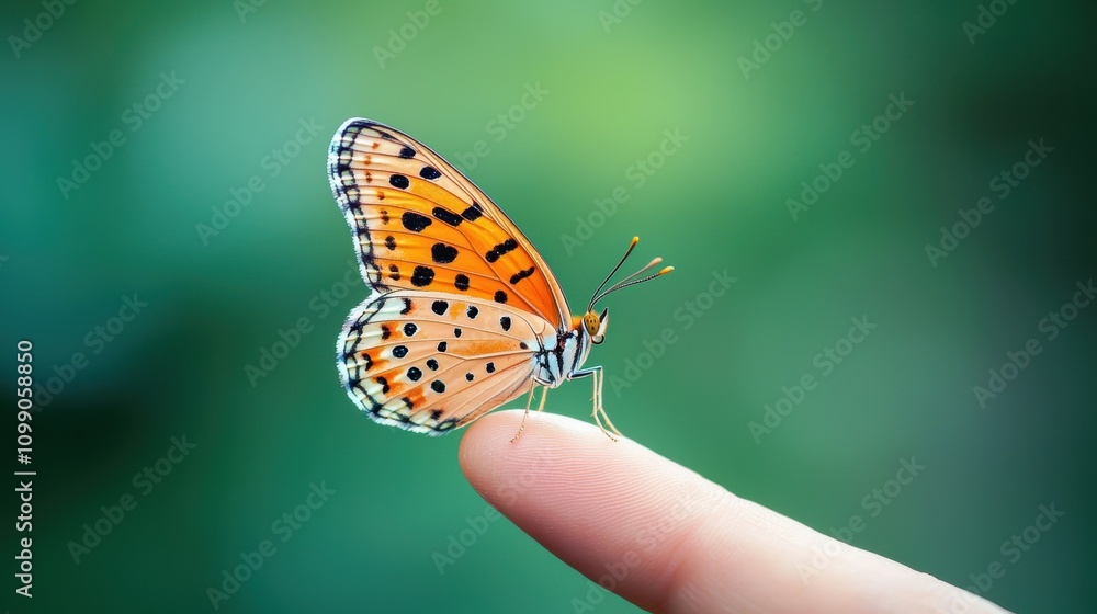 Obraz premium A butterfly perched on a finger, with its wings fully extended, showcasing its vibrant colors and delicate patterns.