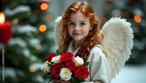 angel, angelic, auburn, hair, ringlets, blueeyes, realistic, white, robe, tartan, plaid, green, red, accents, intricate, feathery, wings, bouquet, roses, redroses, whiteroses, evergreen, holly, snow,  photo