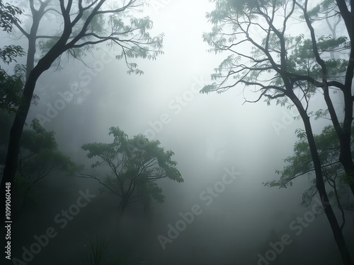 A foggy forest at night with trees barely visible in the distance photo