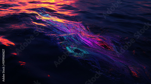 A glowing oil slick on the surface of a dark polluted sea