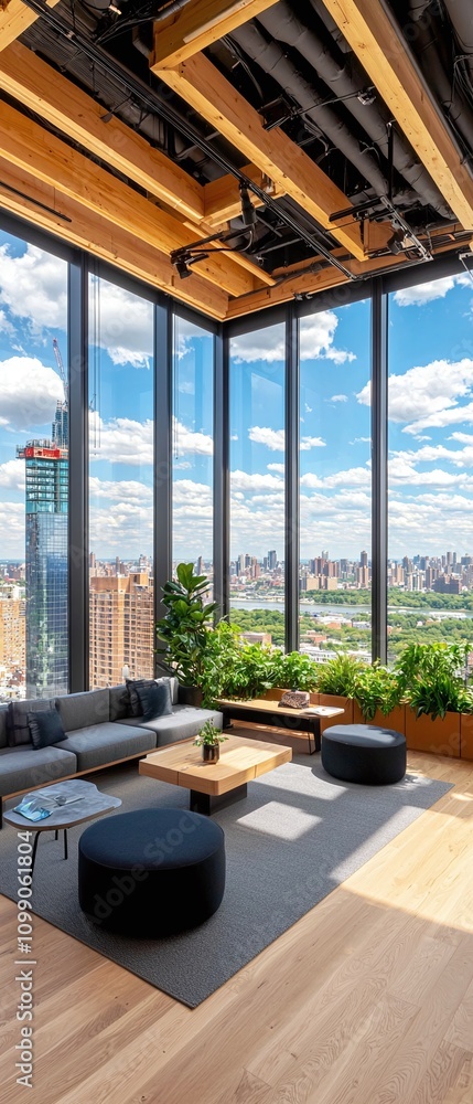 Fototapeta premium Modern Office Lounge with Panoramic City View.