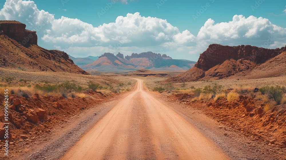 Fototapeta premium A scenic dirt road leads through colorful desert landscapes under a blue sky.