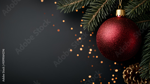 Abstract Blur of Decorated Christmas Ornament on Pine Tree in Cozy Home Interior for Festive Display photo