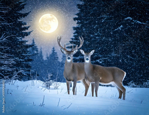 A pair of majestic deer stand in a snowy forest under a full moon