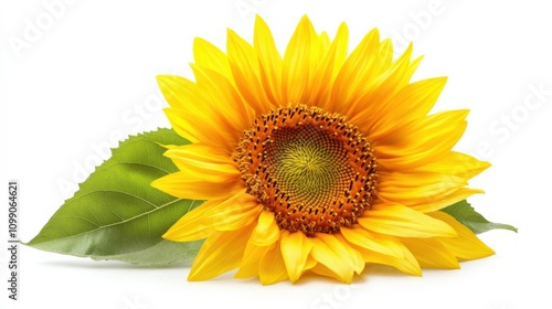 Wallpaper Mural bright sunflower with green leaves on a white background Torontodigital.ca