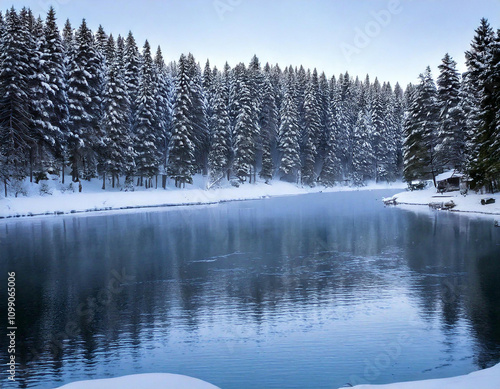 Serene winter landscape with a frozen lake reflecting snow-covered pine trees