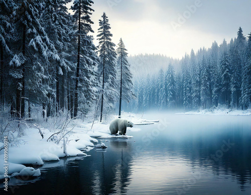A majestic polar bear stands at the edge of a frozen lake in a snowy winter landscape