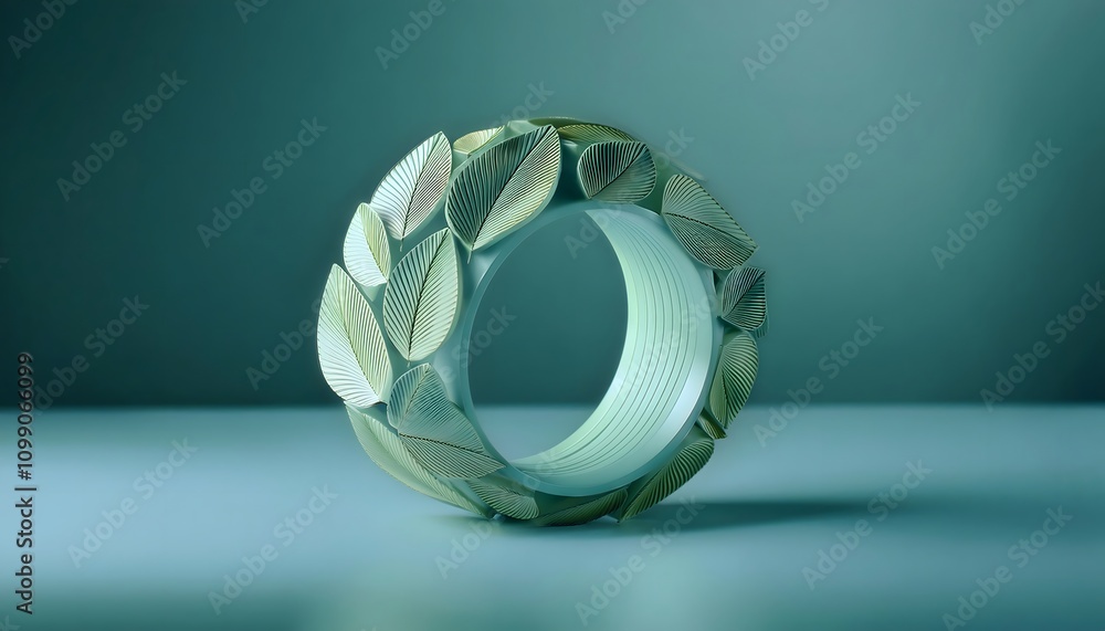 Fototapeta premium Nature-inspired ring with leaf motifs, organic shapes, 3D illustration, ring jewelry, trendy, aesthetic.