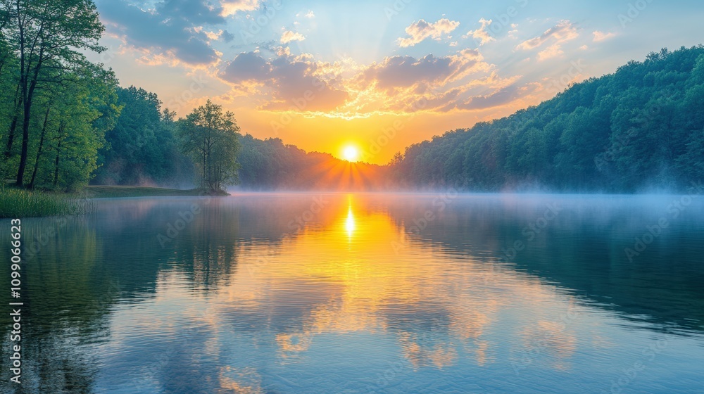 Fototapeta premium A serene sunrise over a calm lake, reflecting vibrant colors and surrounded by lush trees.