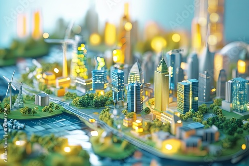 Smart city powered by solar, wind, and AI-optimized grid, highlighting innovation, clean energy, and technology.