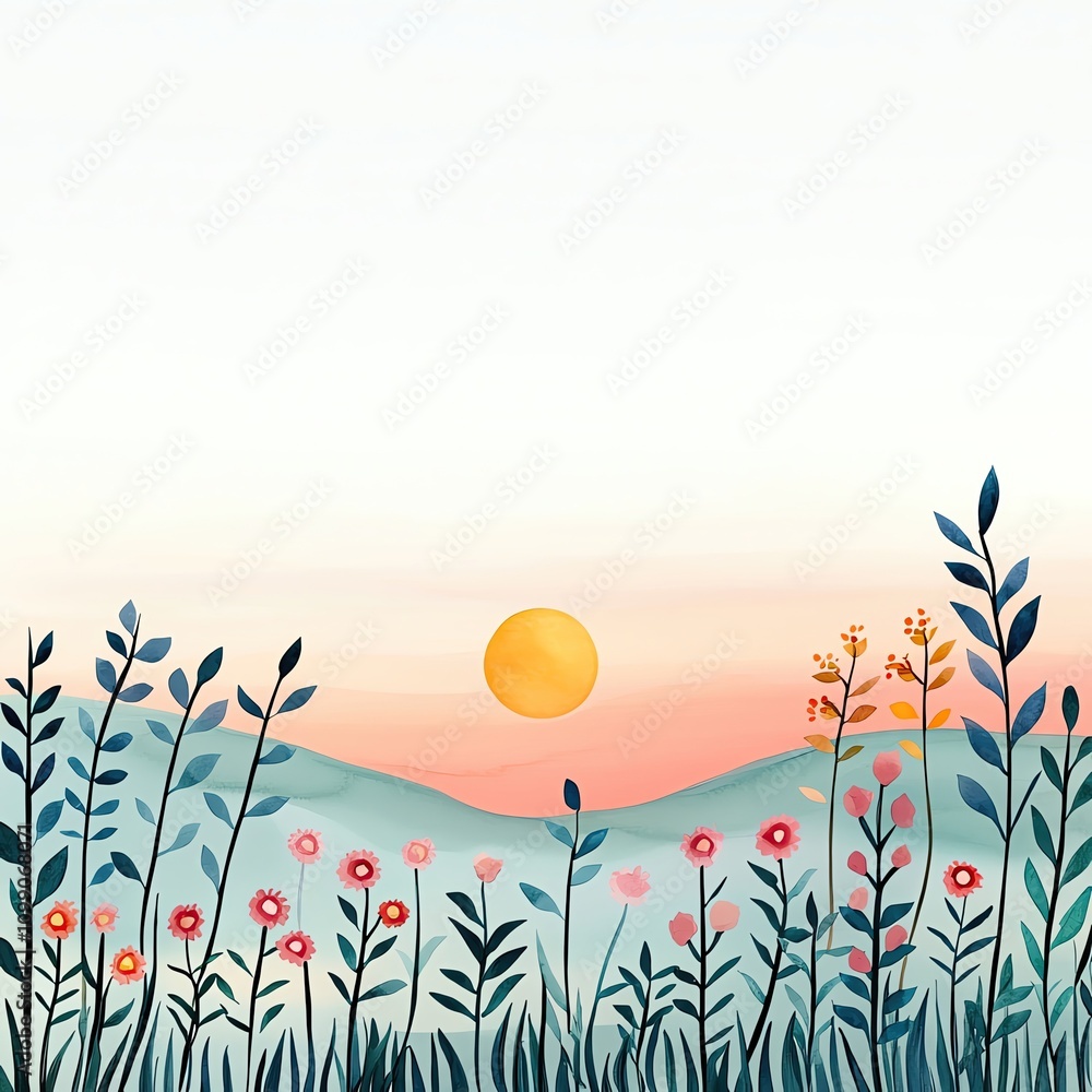 Obraz premium whimsical cute water color Vibrant flowers against a serene sunset backdrop.