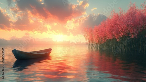 A serene sunset over water with a boat and pink flowers on the shore.