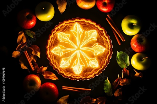 A stunning neon silhouette of a just baked apple pie, surrounded by cinnamon sticks and apples, standing out against a black background --ar 3:2 --s 50. photo