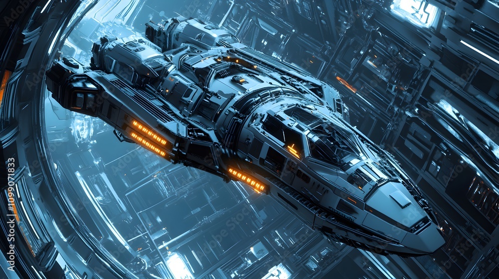 Fototapeta premium Futuristic Spaceship Navigating A Complex Space Station