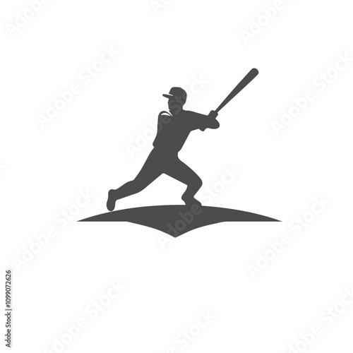 Graphic illustration of a baseball player silhouette swinging a bat, embodying action and sportsmanship. Perfect for sports themes and baseball-related content.