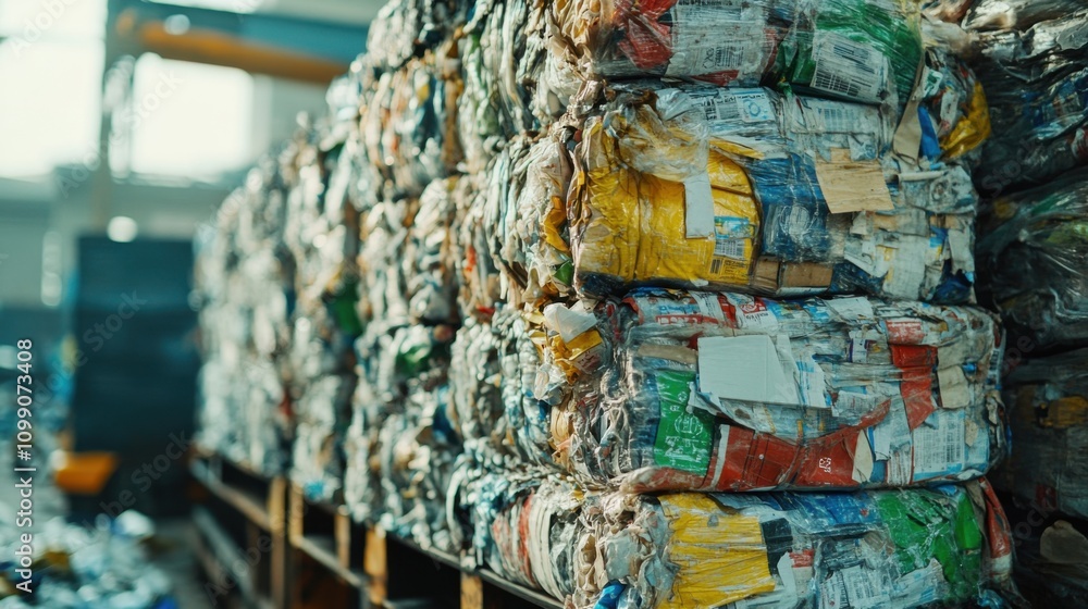 Fototapeta premium Stacked Bales of Recycled Paper and Cardboard in a Warehouse Environment Highlighting Sustainable Waste Management Practices and Recycling Efforts