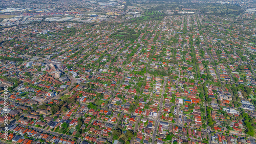 Panorama aerial drone view of western Sydney Suburbs of Canterbury Burwood Ashfield Marrickville Campsie with Houses roads and parks in Sydney New South Wales NSW Australia photo