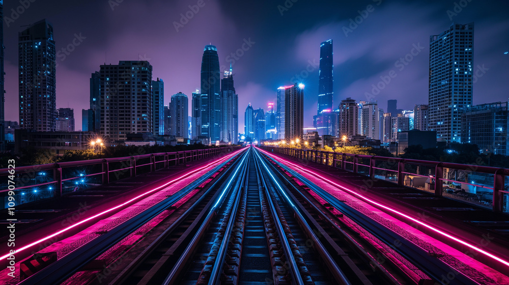 Fototapeta premium A futuristic high-speed railway track glowing with neon lights at night