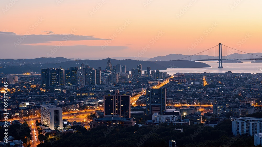 Obraz premium Generative AI, Sprawling Urban Skyline with a Suspension Bridge at Sunset