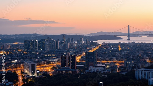 Wallpaper Mural Generative AI, Sprawling Urban Skyline with a Suspension Bridge at Sunset Torontodigital.ca