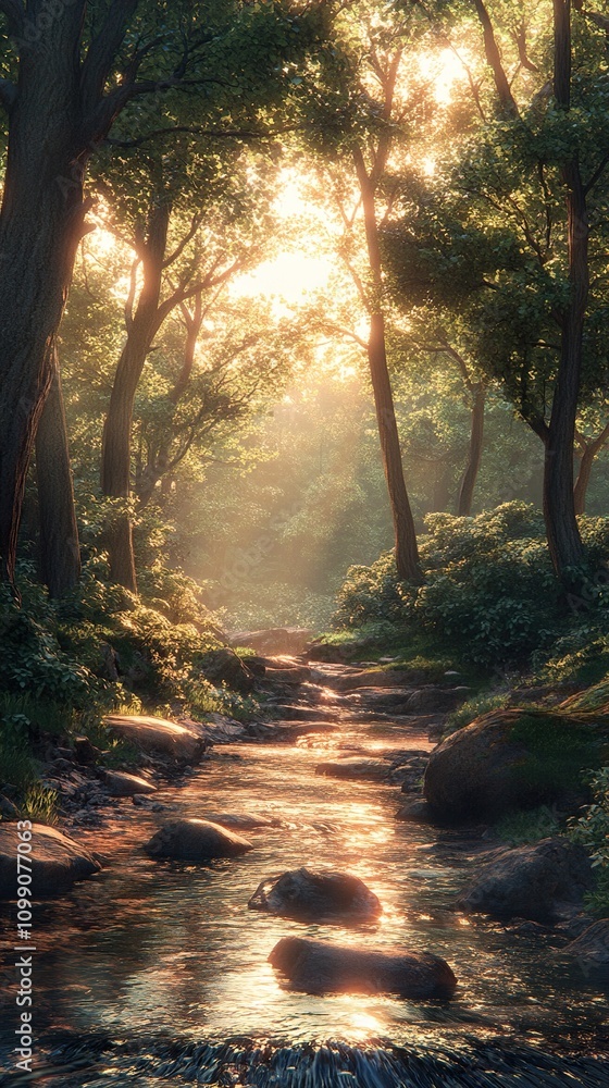 Fototapeta premium Forest Stream at Golden Hour: A Serene Landscape Photography