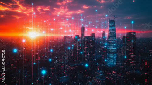 Wallpaper Mural  Smart digital Innovation city with connection network reciprocity over the sunset cityscape. of future wireless digital city and social media networking systems that connects people with in city Torontodigital.ca