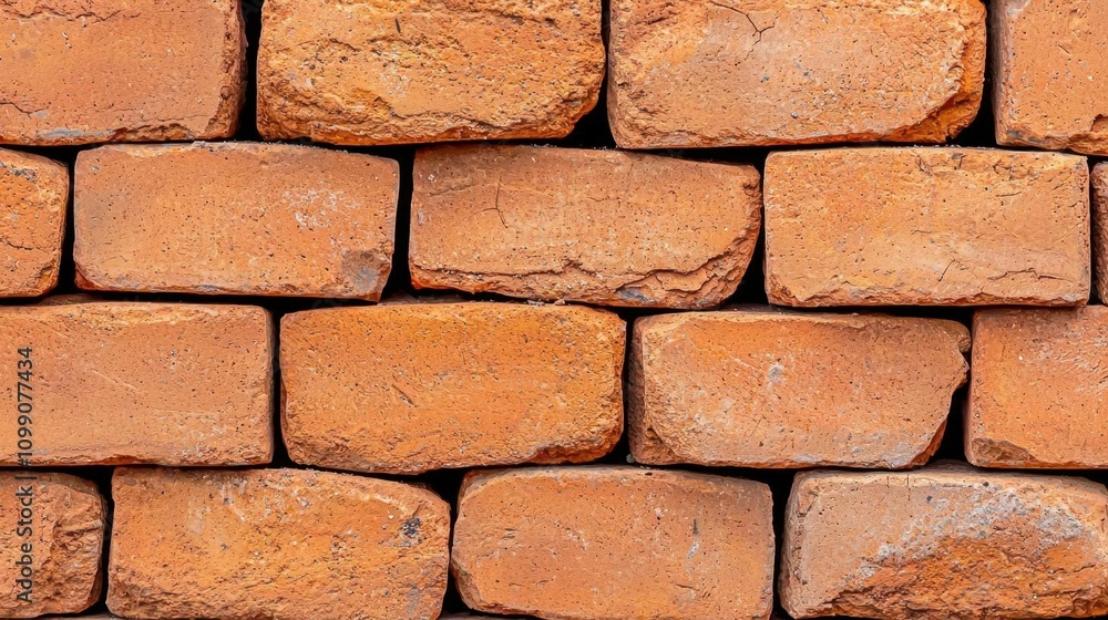 Fototapeta premium A photostock of red clay bricks neatly stacked on a construction site, symbolizing building materials and architecture. High Quality