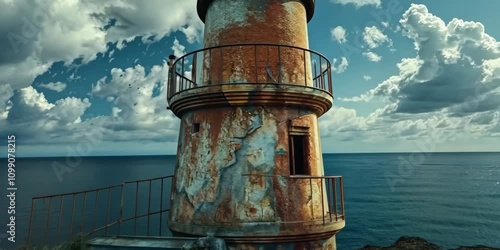 Forgotten lighthouse with rusted stairs and broken light, 4K , Video