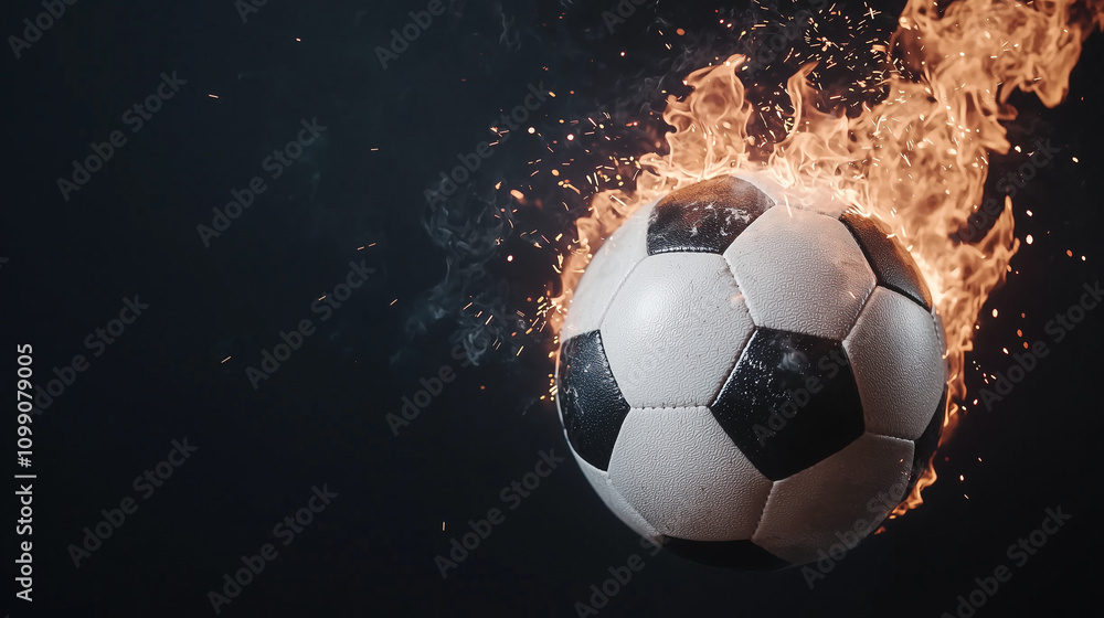 Fototapeta premium Fiery Passion: A soccer ball engulfed in flames, a powerful metaphor for the intensity and drive of the sport.