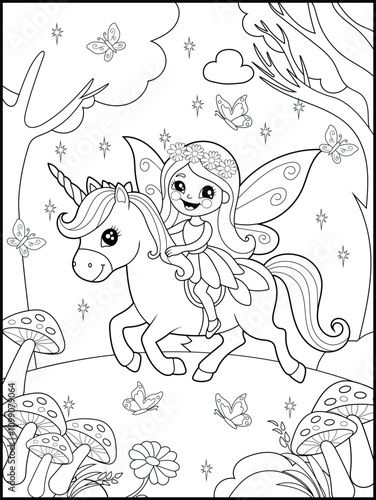 Fairy coloring pages for kids. Children's coloring books with cute fairy and unicorn cartoon characters. Black-and-white printable fun and educational activity sheet for kindergarten.
