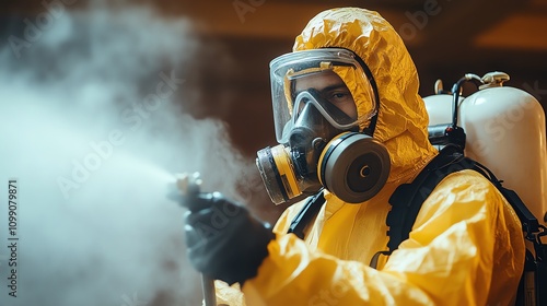 A professional in protective gear sprays disinfectant in a controlled environment. photo