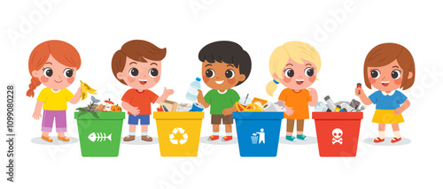 Children practicing recycling with four waste bins labeled Organic, Recyclable, General, and Hazardous. Different types garbage. Environmental recycling concept.