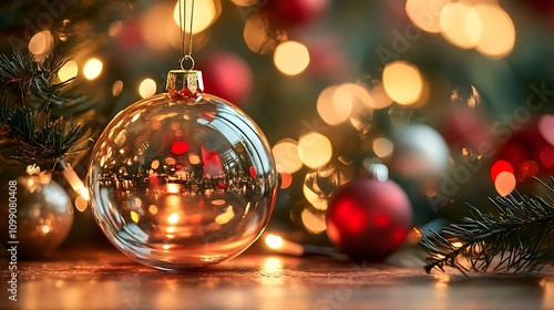 Elegant glass bauble highlighted by multicolored festive lights