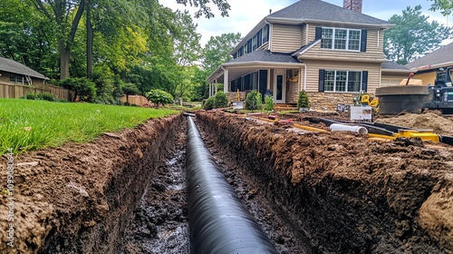 Excavation site with a trench and pipeline in front of a residential building. photo