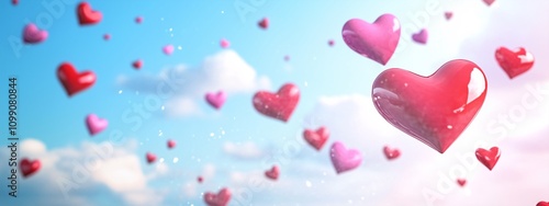 Floating hearts on cloud with blue sky with copy space. Valentine's Day background Concept of Love in the air, Romance all around