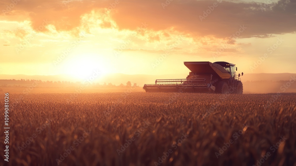 Fototapeta premium Harvesting wheat at sunset.